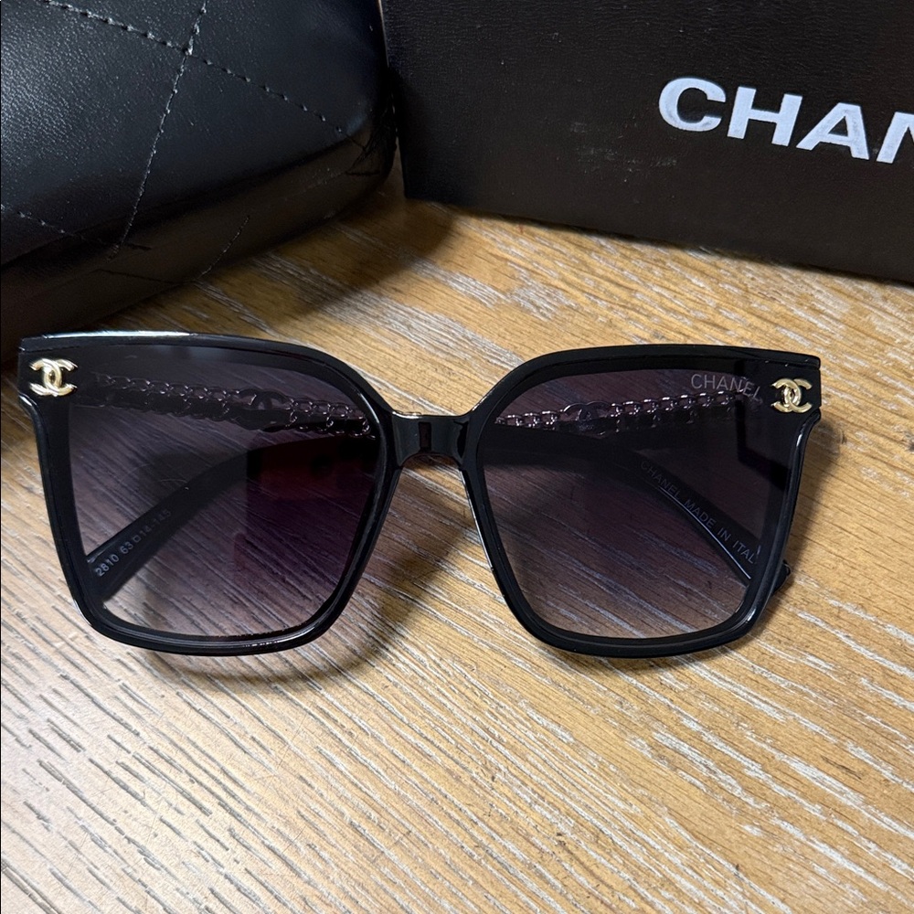 Chanel Black & Gold Leather Sunglasses